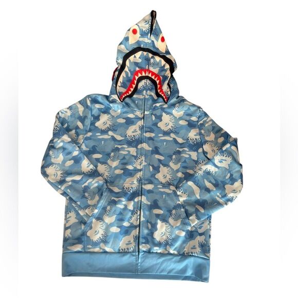 Blue Shark Camo Hoodie Full Zip Sweatshirt Mens Size Small Unbranded - Picture 1 of 10